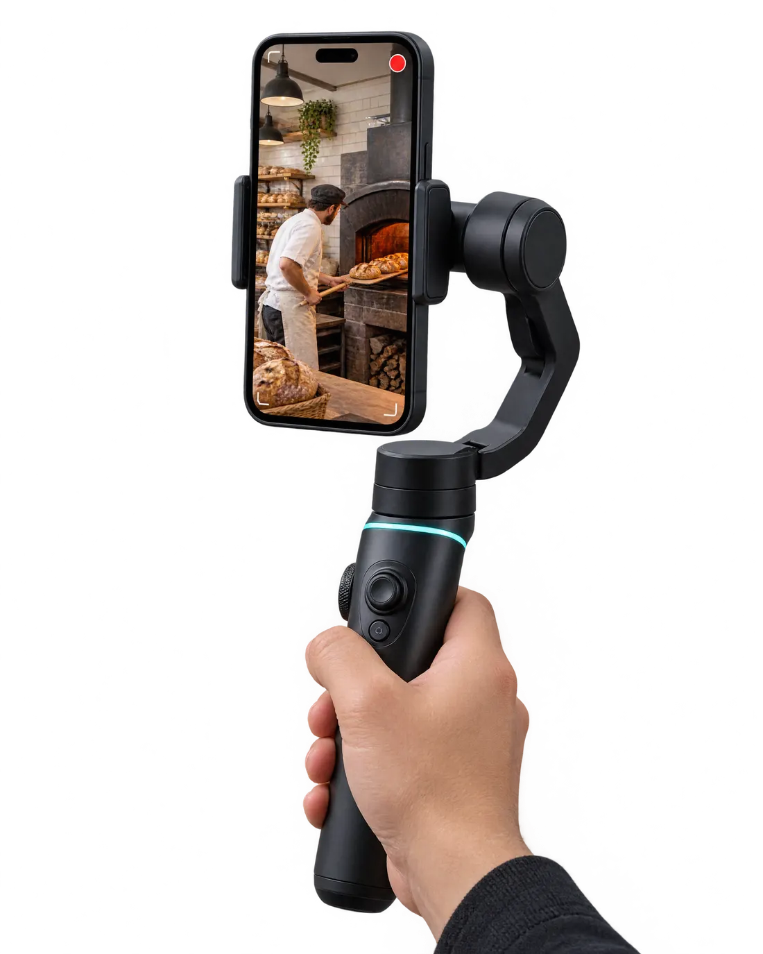 Telefon na stabilizátoru natáčí pekaře u pece